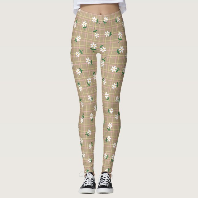 Daisies on Plaid (large scale) Brown  Leggings (Front)