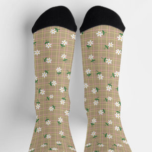 Daisies on Plaid (large scale) Brown Socks