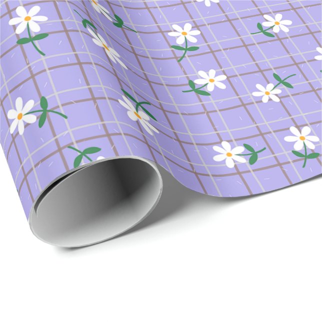 Daisies on Purple Plaid (large scale) Wrapping Paper (Roll Corner)