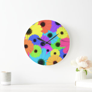Daisies or Marigolds Colourful Psychedelic Pattern Large Clock