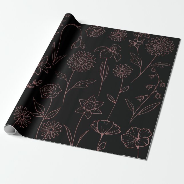 Daisies Poppies Larkspur Garden Pattern Pink Black Wrapping Paper (Unrolled)