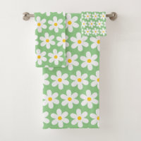 Daisies Retro Floral Pattern White Green