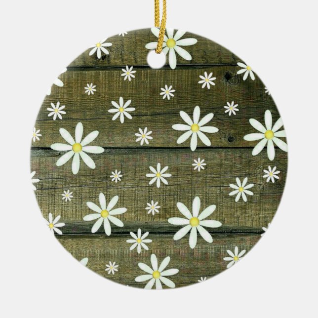 Daisies Rustic Barn Board Daisy Flower Ceramic Ornament (Front)