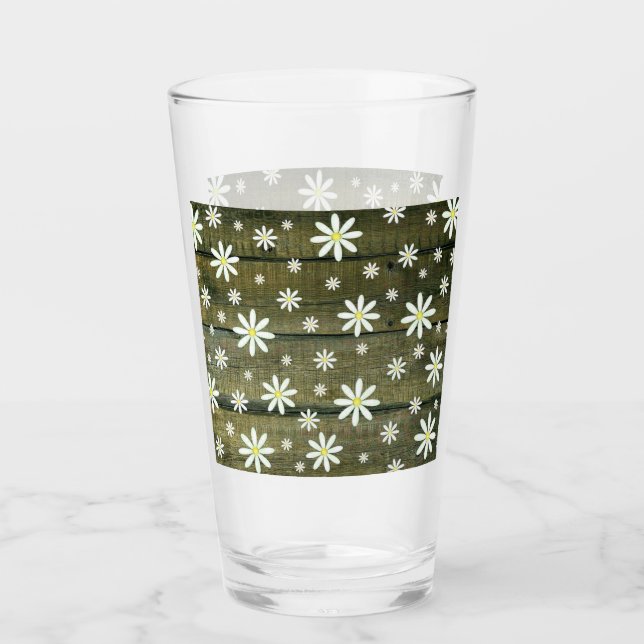 Daisies Rustic Barn Board Daisy Flower Glass (Front)