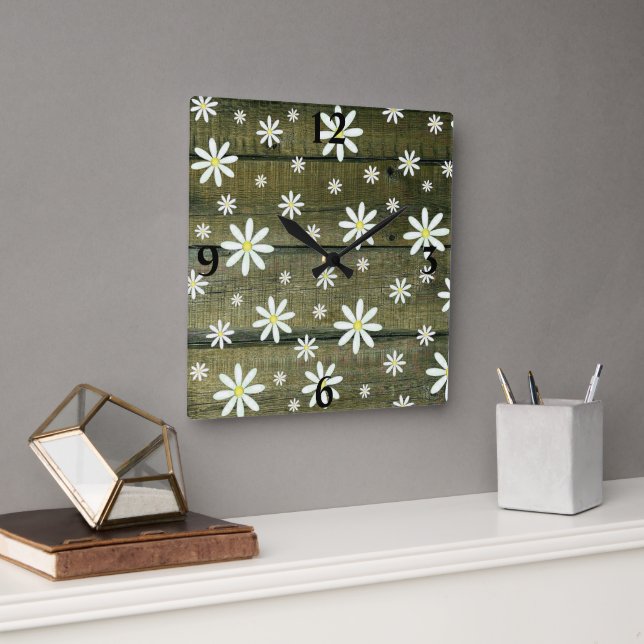 Daisies Rustic Barn Board Daisy Flower Square Wall Clock (Office)