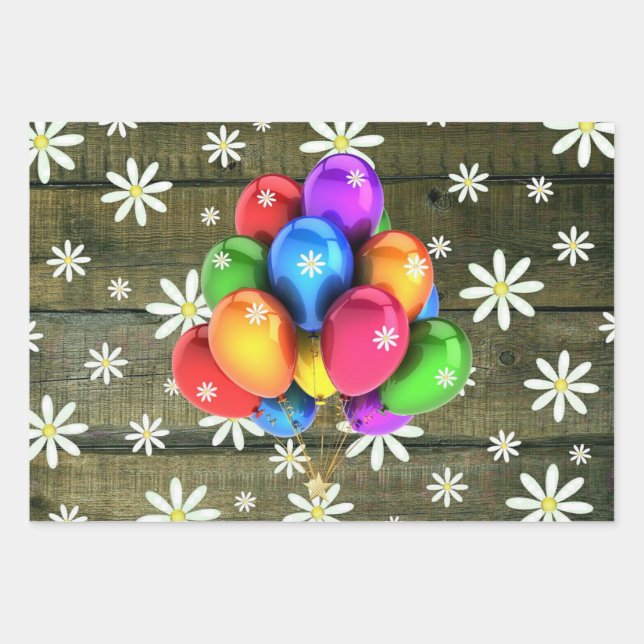 Daisies Rustic Barn Board Party Balloons Wrapping Paper Sheet (Front)