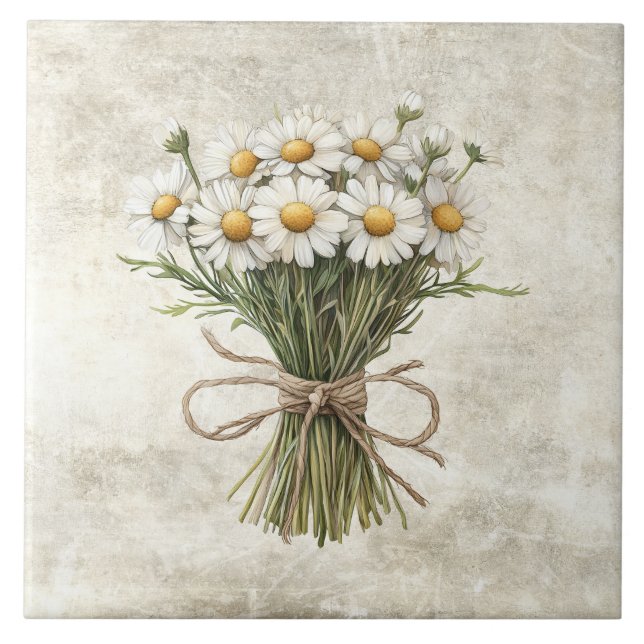 Daisies Rustic Floral Faux Ceramic Tile (Front)