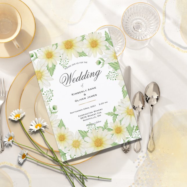 Daisies Watercolor White Floral Modern Wedding Inv Invitation (Creator Uploaded)