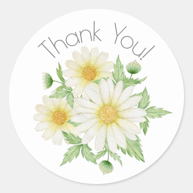 Daisies White Floral Theme Thank You Classic Round Sticker (Front)