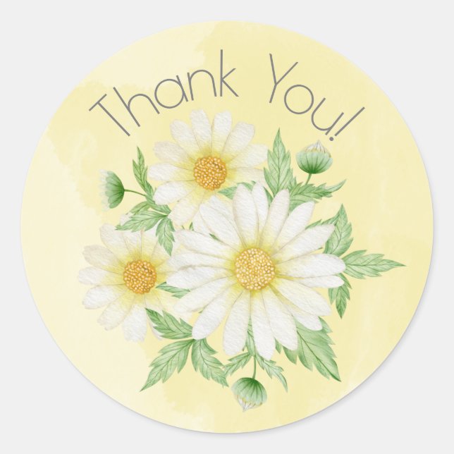 Daisies White Floral Theme Thank You Classic Round Sticker (Front)