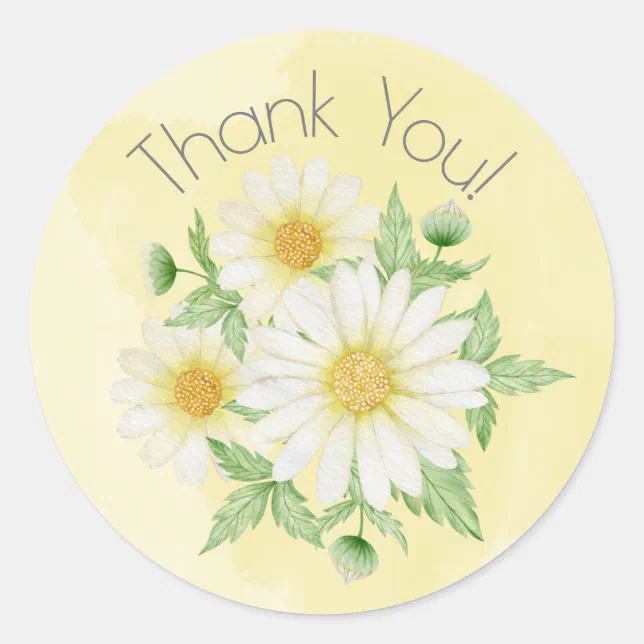 Daisies White Floral Theme Thank You Classic Round Sticker | Zazzle