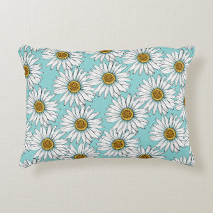 Daisies White Flowers on Blue vintage Seamless Pat Decorative Cushion
