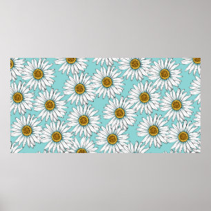 Daisies White Flowers on Blue vintage Seamless Pat Poster