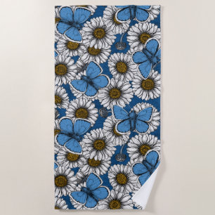 Daisies, white wild flowers and blue butterflies beach towel