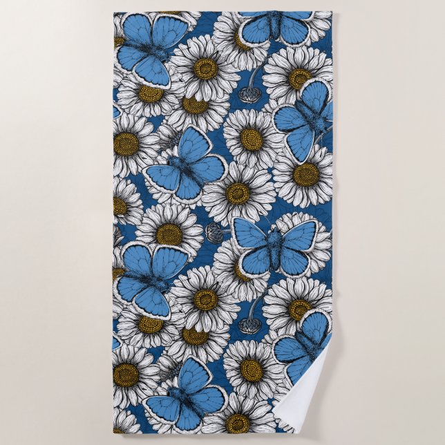Daisies, white wild flowers and blue butterflies beach towel (Front)