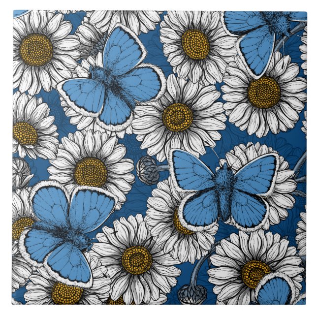 Daisies, white wild flowers and blue butterflies ceramic tile (Front)