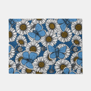 Daisies, white wild flowers and blue butterflies doormat