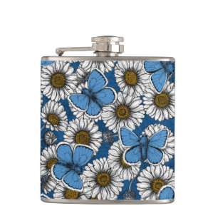 Daisies, white wild flowers and blue butterflies hip flask
