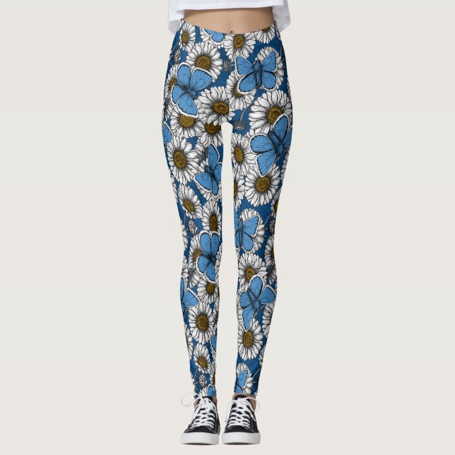 Daisies, white wild flowers and blue butterflies leggings (Front)