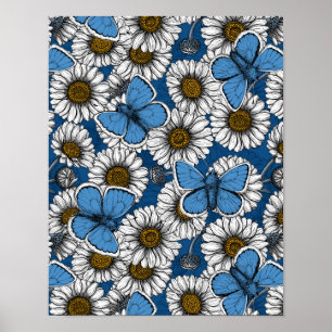 Daisies, white wild flowers and blue butterflies poster