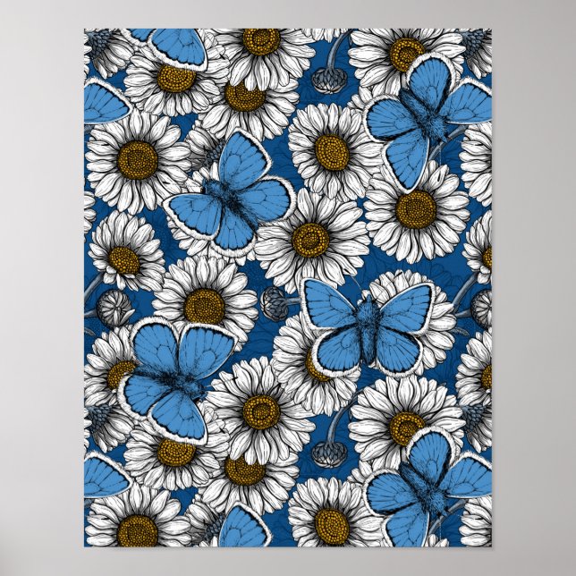 Daisies, white wild flowers and blue butterflies poster (Front)