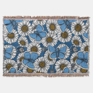 Daisies, white wild flowers and blue butterflies throw blanket