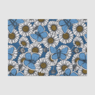 Daisies, white wild flowers and blue butterflies tissue paper