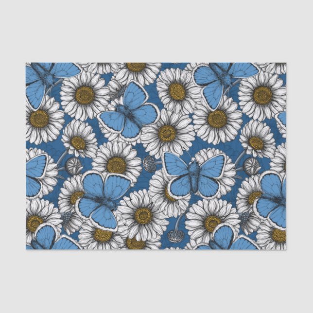 Daisies, white wild flowers and blue butterflies tissue paper (Front)