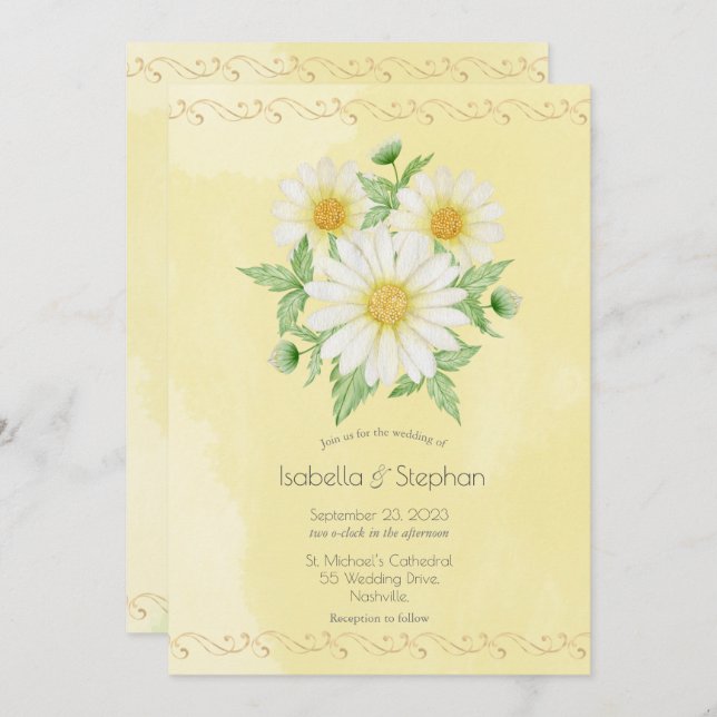 Daisies White Yellow Floral Script Wedding Invitat Invitation (Front/Back)