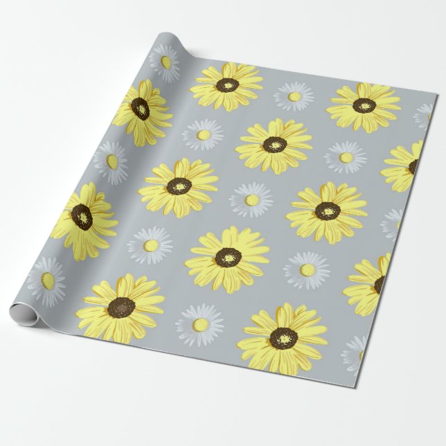 Daisies White Yellow on Grey Wrap Paper (Unrolled)