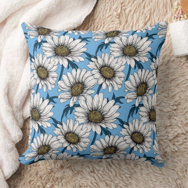 Daisies, wild flowers on blue cushion (Blanket)