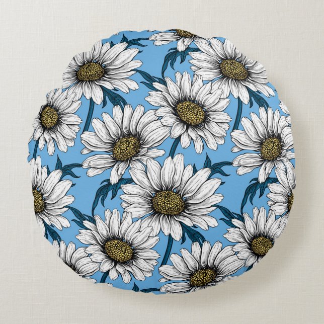Daisies, wild flowers on blue round cushion (Front)