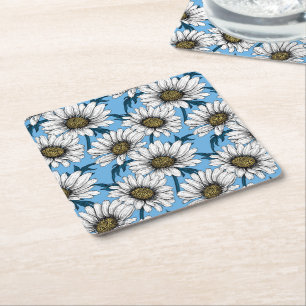 Daisies, wild flowers on blue square paper coaster