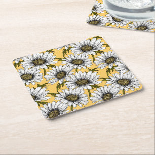 Daisies, wild flowers on blue square paper coaster
