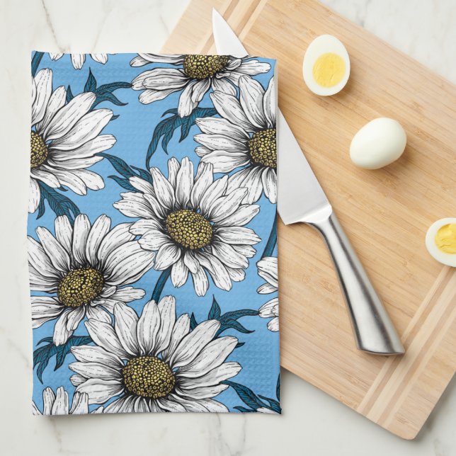 Daisies, wild flowers on blue tea towel (Quarter Fold)