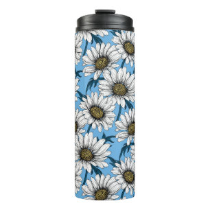 Daisies, wild flowers on blue thermal tumbler