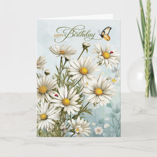 Daisies with Butterflies and Ladybugs Birthday Card (Front)