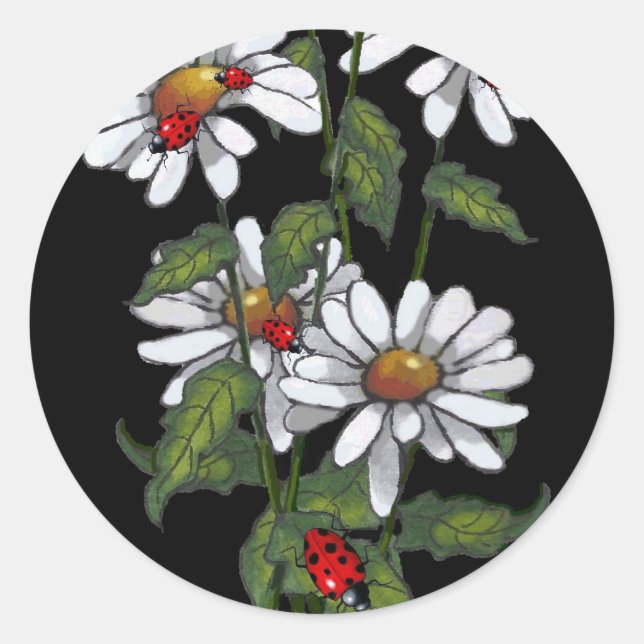 Daisies With Ladybugs on Black: Art Classic Round Sticker (Front)