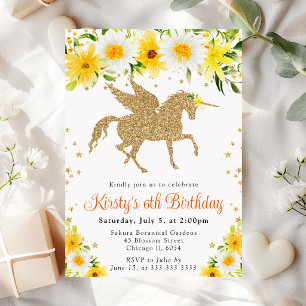 Daisies Yellow Floral Gold Unicorn Birthday Party Invitation