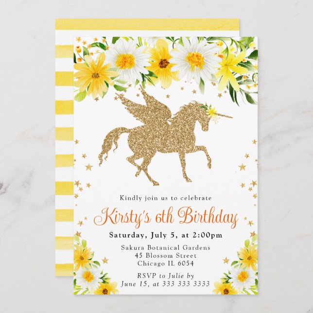 Daisies Yellow Floral Gold Unicorn Birthday Party Invitation (Front/Back)