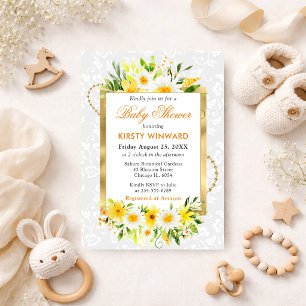 Daisies & Yellow Summer Flowers Gold Baby Shower Invitation