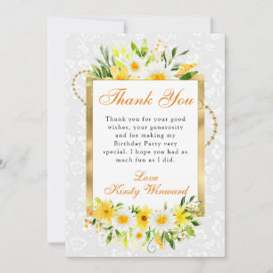 Daisies & Yellow Summer Flowers Gold Birthday Thank You Card