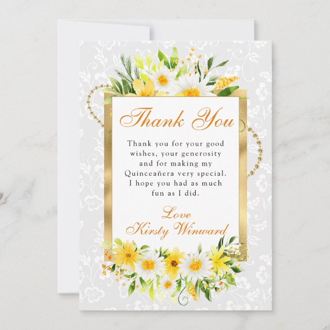 Daisies & Yellow Summer Flowers Gold Quinceanera Thank You Card (Front)