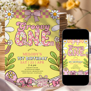 Daisy 1st Birthday Pink and Yellow Retro Birthday Invitation
