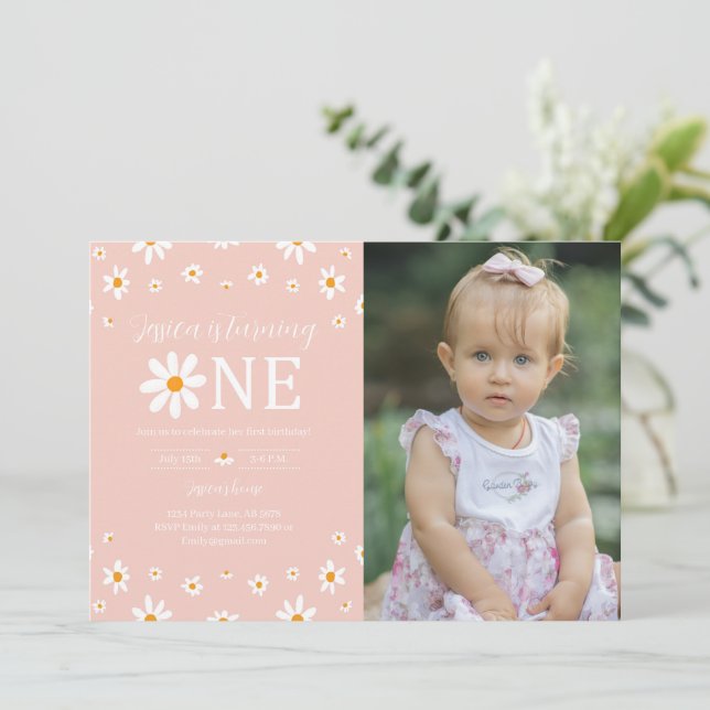Daisy 1st Birthday Pink Photo Invitation (Standing Front)
