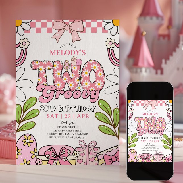 Daisy 2nd Birthday Pink Retro Birthday Invitation (Creator Uploaded)