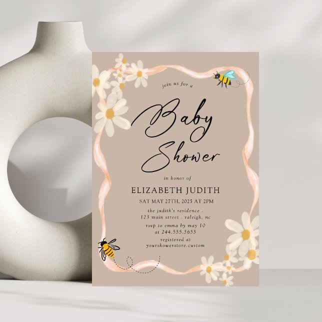  Daisy and Bees Floral brown Baby Shower Invitation (Creator Uploaded)