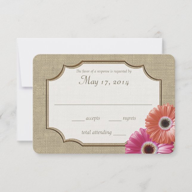Daisy and Burlap Coral and Pink Reply RSVP Card (Front)