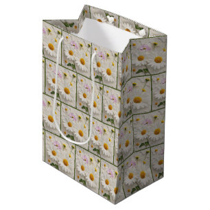 Daisy and Cosmos Flowers On Distressed Paper Medium Gift Bag