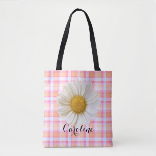 Daisy and Custom Name on Pink Plaid Pattern Tote B Bag
